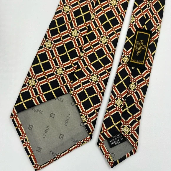 Fendi Men’s 100% Silk Tie Necktie FF Logo Design Gold Office Business Casual EUC